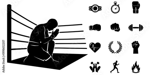Boxer Kneeling in Prayer Before Fight Silhouette Vector