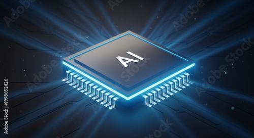 A computer chip with ai on it sitting on a circuit board with blue glowing light rays emanating from it in the dark