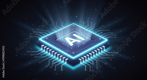 Glowing blue microchip with ai logo on a dark background with circuit board design and neon light effect around it