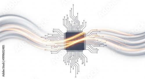 A computer chip with glowing orange lines on a representing data transfer and processing in a modern technological concept