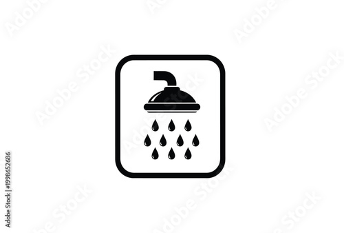 Simple black icon depicting a showerhead with falling water silhouette high quality