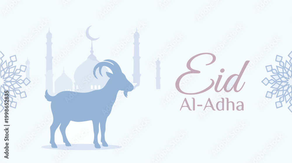 Fototapeta premium Eid Al Adha greeting card with goat and mosque silhouette on white background
