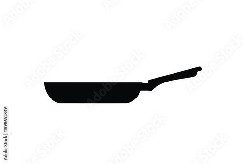 A simple black silhouette of a frying pan against a white background silhouette