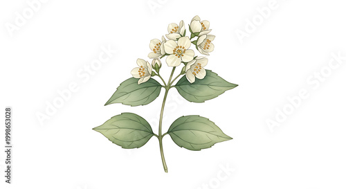 White Jasmine Blossom Stem Watercolor Botanical Clipart Isolated