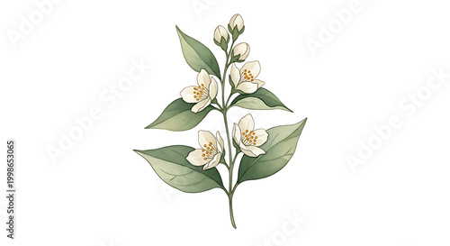 White Jasmine Floral Sprig Watercolor Botanical Clipart Isolated