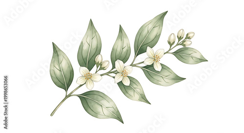 White Jasmine Flower Branch Watercolor Botanical Illustration Isolated