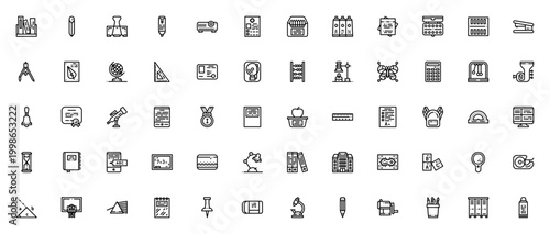 Back to School Icon Set. Vector Illustration Collection Featuring Books, Globe, Calculator, Pencil, Microscope, Ruler, Backpack and More.