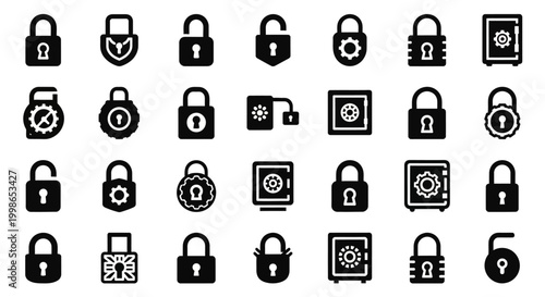 Lock icons, security symbols, password protection graphics, 25 black padlock illustrations
