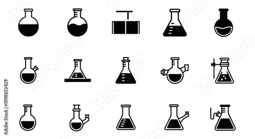 Laboratory, Beaker, Flask Icons, Science Symbols, Black and White, Vector Graphics, 16 Laboratory Equipment Illustrations