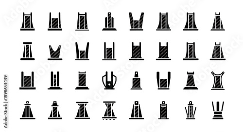 Black and white castle, tower, fortress icons set, 30 vector illustrations