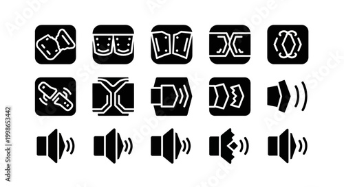 Sound wave, audio signal, volume control, media icons, black set