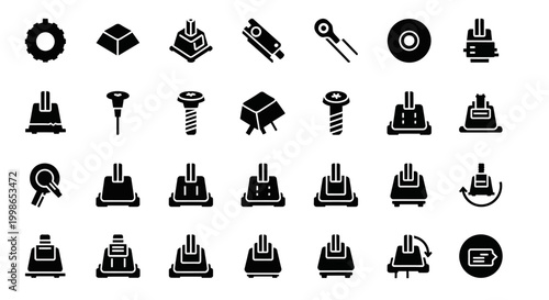 Industrial icons, mechanical symbols, 25 black silhouette graphics, engineering signs, tools and parts