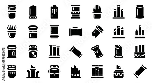 Black paint cans, paintbrushes, and tools vector icons set, 25 elements, black and white graphics