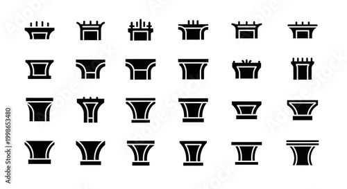 Black, ancient Greek column capitals, vector icons, architecture elements, 20 black and white illustrations