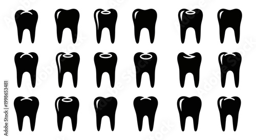 Black tooth icons, dental symbols, teeth graphics, vector illustrations
