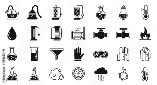 Science, laboratory, chemistry icons, 40 black and white symbols, lab equipment, scientific research, educational illustrations