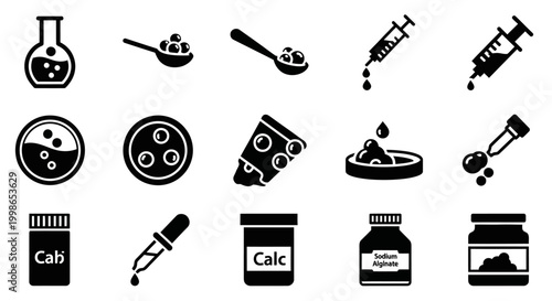 Laboratory, science icons, 13 black and white symbols, chemistry lab equipment, medical research illustrations, vector graphics