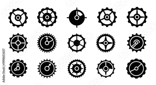 Gear, cogwheel, mechanical icons, 15 black and white symbols, industrial design elements, vector graphics