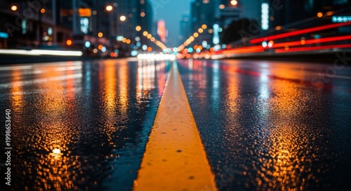 Night Street Reflections On Wet City Road.