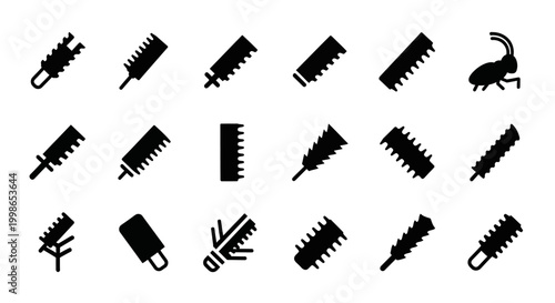 Black hairbrush icons, hair care tools, grooming accessories, vector set