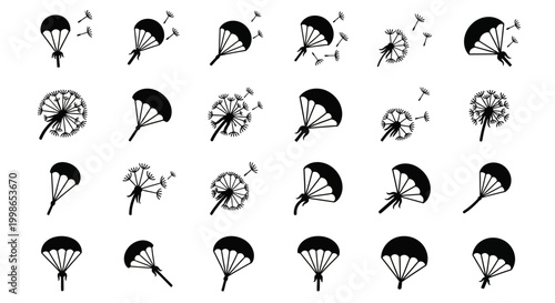 Parachute icons, black and white vector graphics, 25 parachute symbols, skydiving illustrations, adventure and travel elements