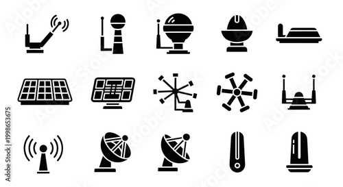 Satellite, Communication, Technology Icons, Black Vector Set