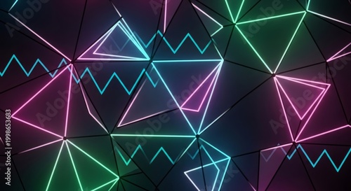 Vivid Neon Geometric Triangle Network Abstract Background.
