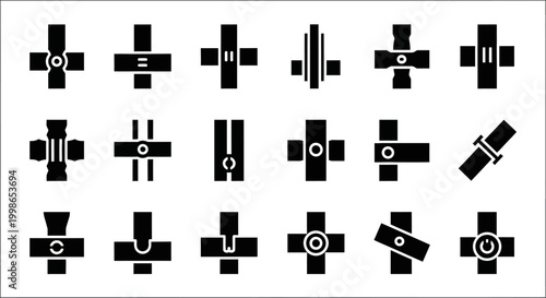 Black and white geometric shapes, abstract icons, 20 cross symbols, vector graphics