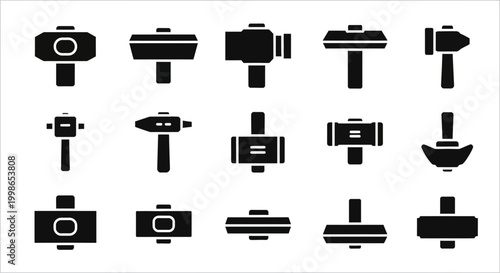 Drill icons, power tool symbols, black silhouette set, 16 vector graphics