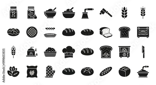 Baking, bakery, food icons, 32 black and white vector graphics, kitchen symbols, cooking illustrations, flat design elements