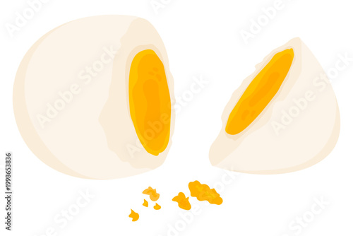 Broken boiled egg with separated pieces and crumbs. Simple food concept, protein ingredient, minimal composition isolated on white background
