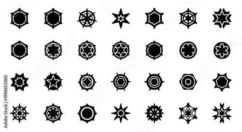 Black snowflake icons, snowflake designs, winter symbols, frosty patterns, 25 snowflakes