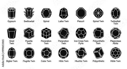 Geometric shapes, 25 Twinning crystal icons, black and white, vector illustrations, crystal structures, chemistry symbols