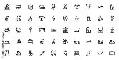 Amusement Park icon set. Vector illustration pack featuring roller coaster, Ferris wheel, haunted house, cotton candy, ticket, clown, games and more. Editable stroke.
