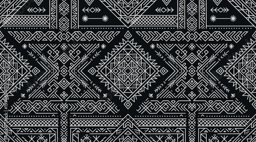 Intricate black and white geometric textile pattern with diamond motifs.