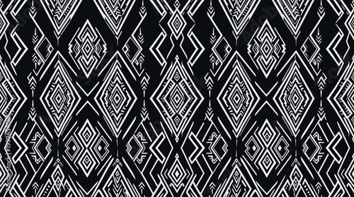 Intricate black and white diamond geometric pattern on fabric texture.
