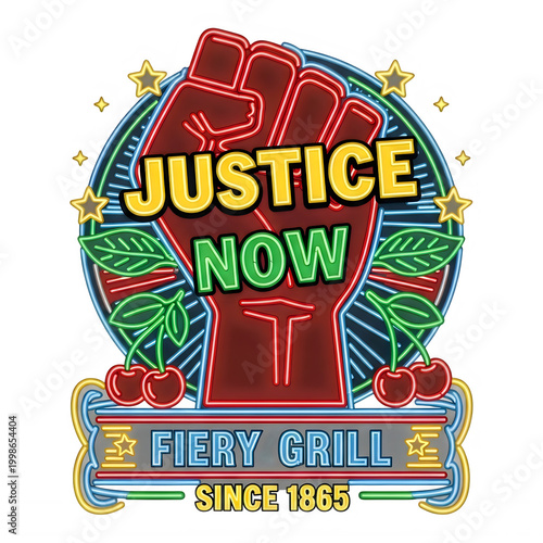 Justice Now Protest Sign with Red and Green Shield Design isolated on transparent background