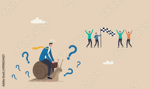 Slow mistake,meeting teams together businessman idiot leader riding slow snail never reach goal, losing competition