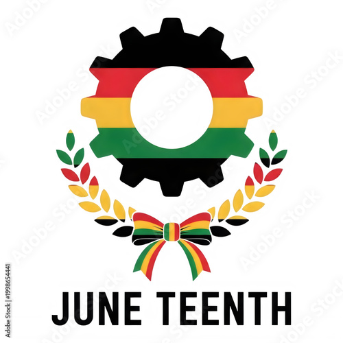 June Teenth Celebration Logo with Gear and Laurel Wreath isolated on transparent background