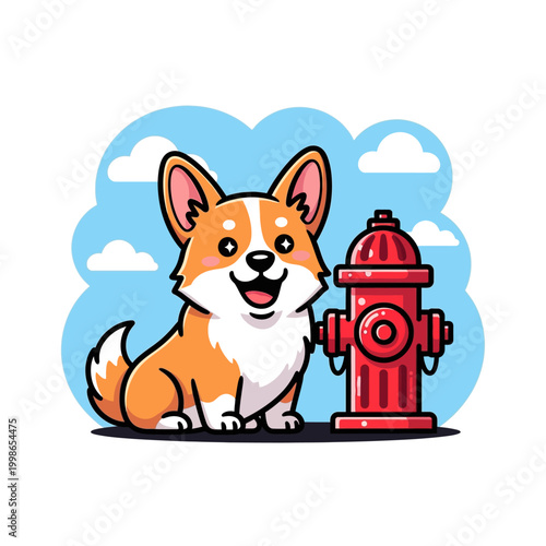 A cute cartoon corgi dog sitting happily next to a red fire hydrant under a blue sky with fluffy white clouds in a vector illustration.