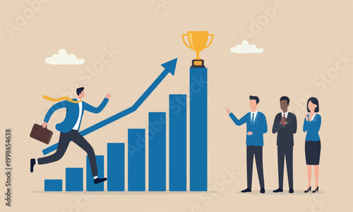 Motivation meeting teams together peak improve and succeed, benefit, prize award concept, motivated businessman running on growing bar graph catch winner trophy