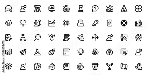 Startups icon set. Business vector illustrations pack. Includes symbols for blogging, investment, teamwork, promotion, target, brainstorming and more. Editable stroke.