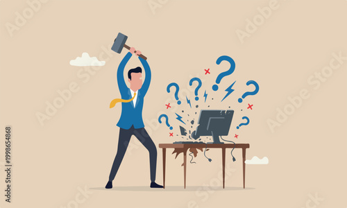 Chaos failure or anxiety from overworked or disappointment and mistake concept, frustrated businessman hitting to break computer with hammer