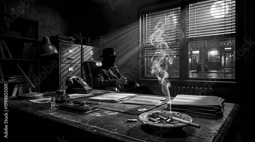 Film Noir detective in a dark office at night with cigarette smoke, dramatic window light and moonlight.