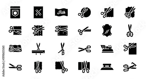 Sewing icons, black vector set, 25 sewing tools, scissors and threads