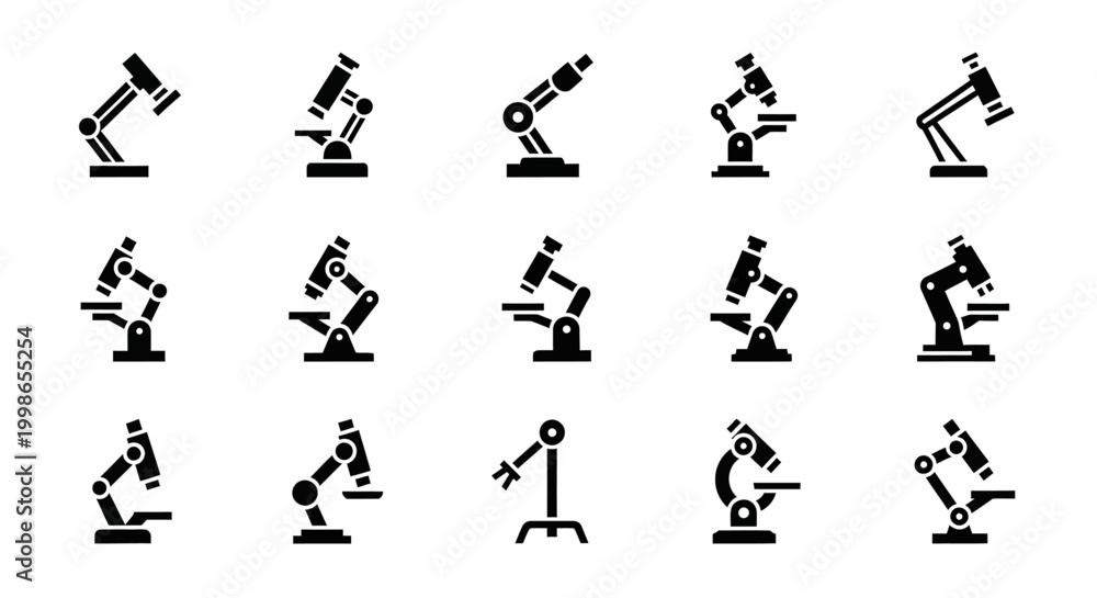 Fototapeta premium Microscope icons, laboratory equipment, science symbols, black vector illustrations, educational graphics, biology lab tools