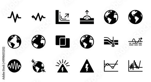 Black icons set, 20 global business symbols, eco friendly graphics, sustainable finance elements