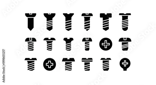 Screw icons, black screwdrivers, flathead and Phillips head screws, vector set of 20