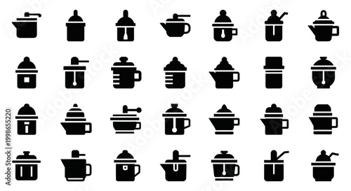 Black coffee cup icons, coffee mug set, vector coffee symbols, 25 coffee cup graphics