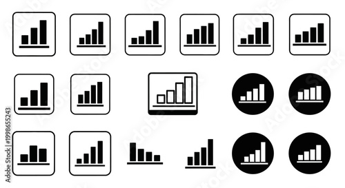 Black bar chart, graph icons, business infographic elements, 13 symbol set